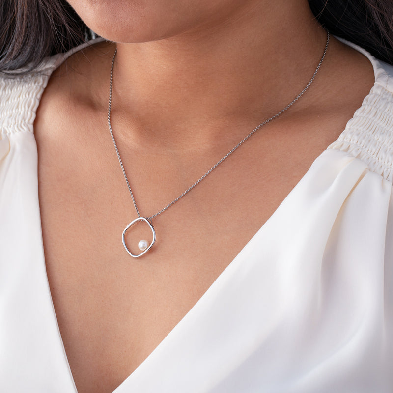 Freshwater Cultured Pearl Square Pendant in Sterling Silver, Adjustable Chain on a model