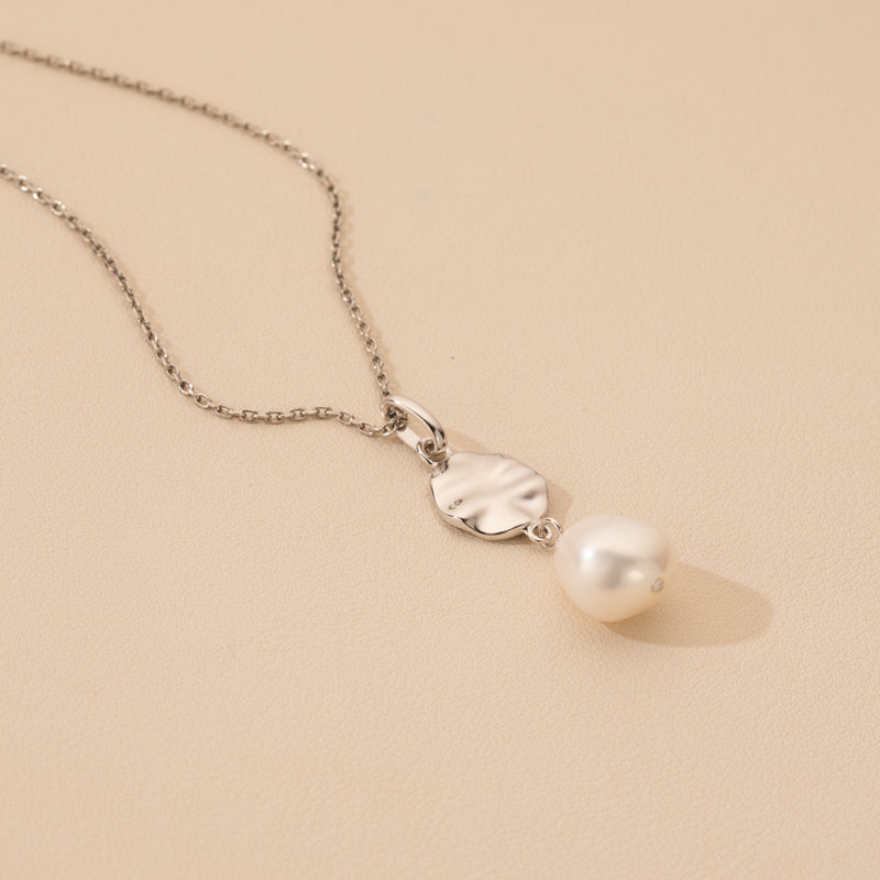 Freshwater Cultured Pearl Dainty Disc Charm Pendant in Sterling Silver with 17" Chain + 3" extender alternate view, side view
