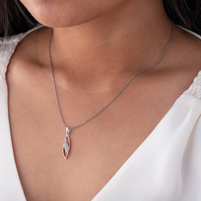Rose-Tone Sterling Silver Dainty Open Marquise Pendant with 17" Chain + 3" extender on a model