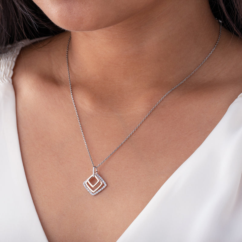 Rose-Tone Sterling Silver Open Layered Square Pendant with 17" Chain + 3" extender on a model