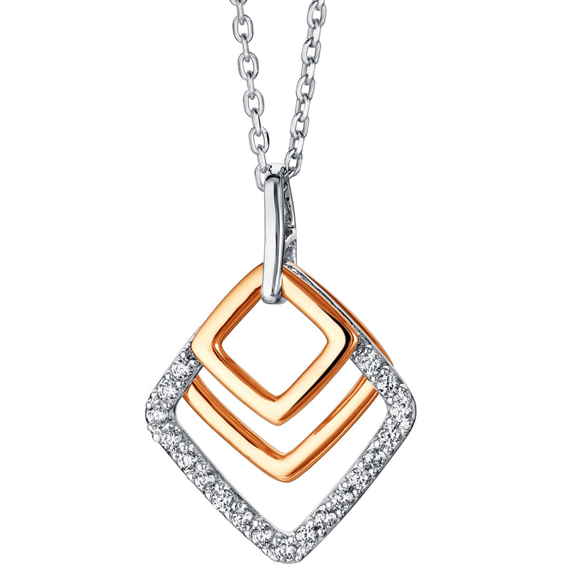 Rose-Tone Sterling Silver Open Layered Square Pendant with 17" Chain + 3" extender