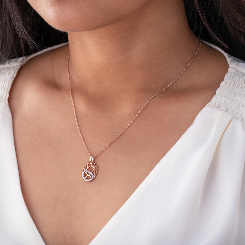 Rose-Tone Sterling Silver Organic Lattice Raindrop Pendant with 17" Chain + 3" extender on a model