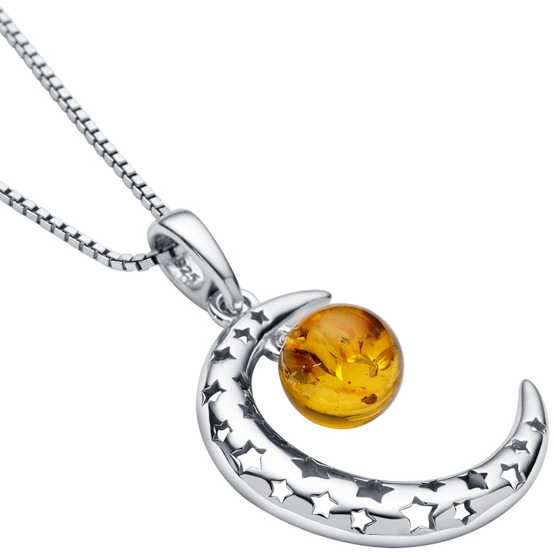 Genuine Baltic Amber Crescent Moon Star Charm Pendant Necklace in Sterling Silver SP12446 - Alternate