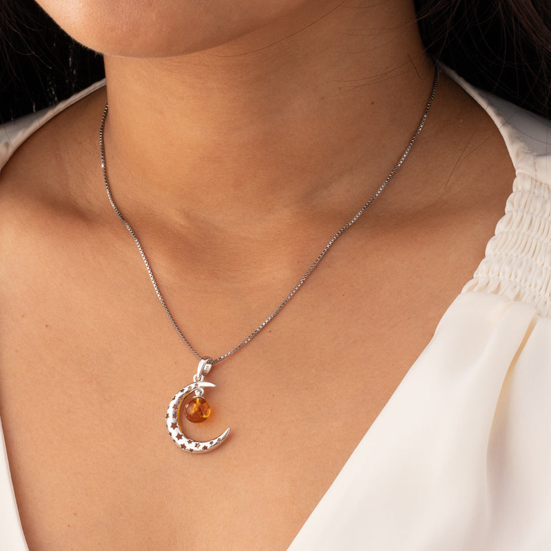 Genuine Baltic Amber Crescent Moon Star Charm Pendant Necklace in Sterling Silver SP12446 - Model