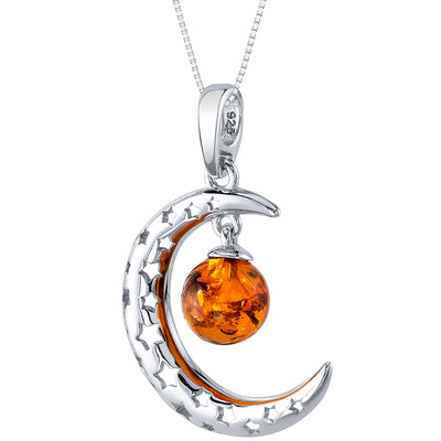 Genuine Baltic Amber Crescent Moon Star Charm Pendant Necklace in Sterling Silver SP12446