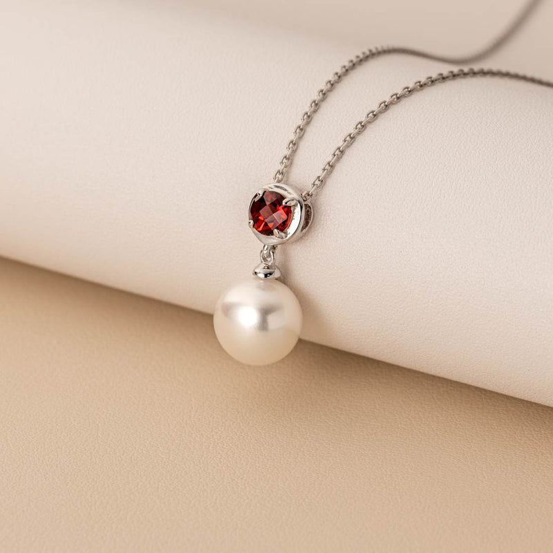 Simple Freshwater Cultured Pearl Birthstone Necklace in Sterling Silver - January Garnet Creative