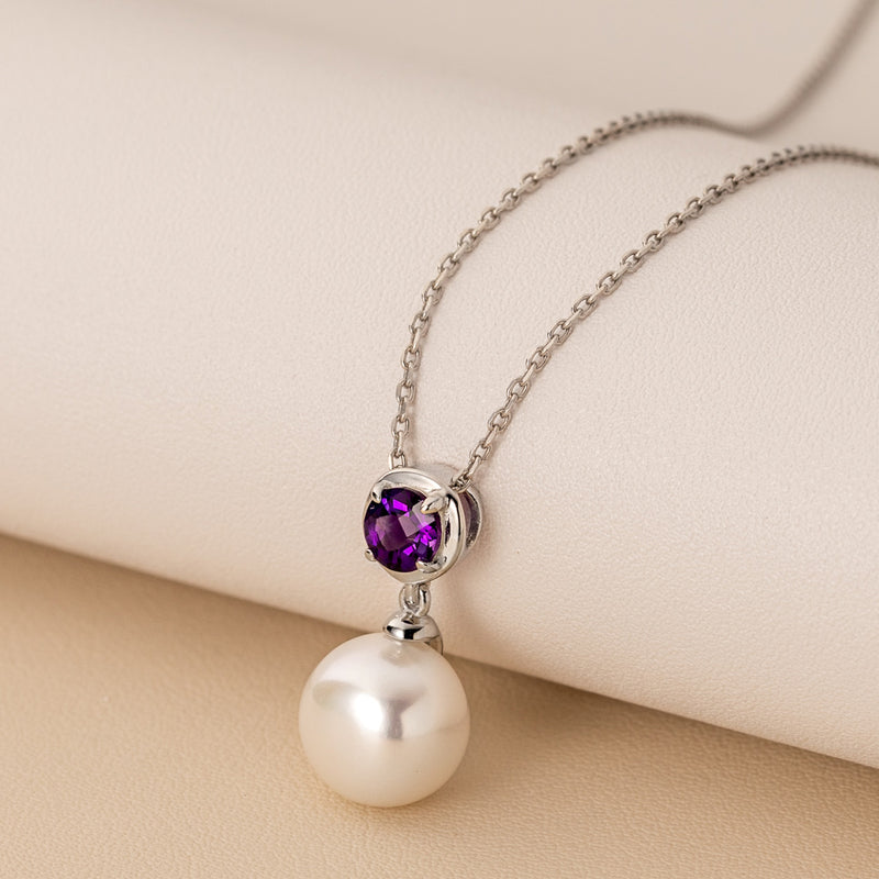 10mm Freshwater Cultured Pearl & Amethyst Necklace in Sterling Silver-creative