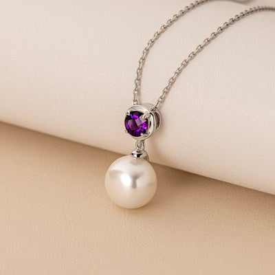 Simple Freshwater Cultured Pearl Birthstone Necklace in Sterling Silver - February Amethyst Creative