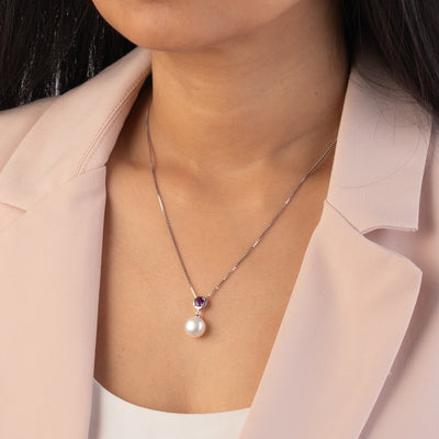 Simple Freshwater Cultured Pearl Birthstone Necklace in Sterling Silver - February Amethyst - model