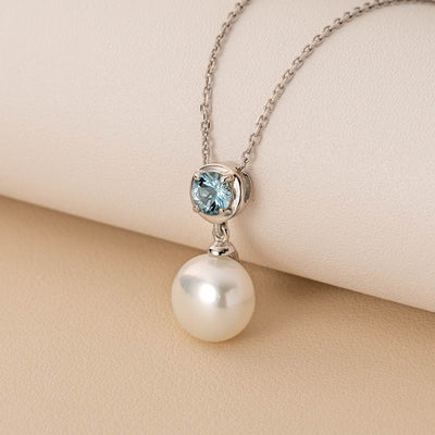 Simple Freshwater Cultured Pearl Birthstone Necklace in Sterling Silver - March Aquamarine Creative