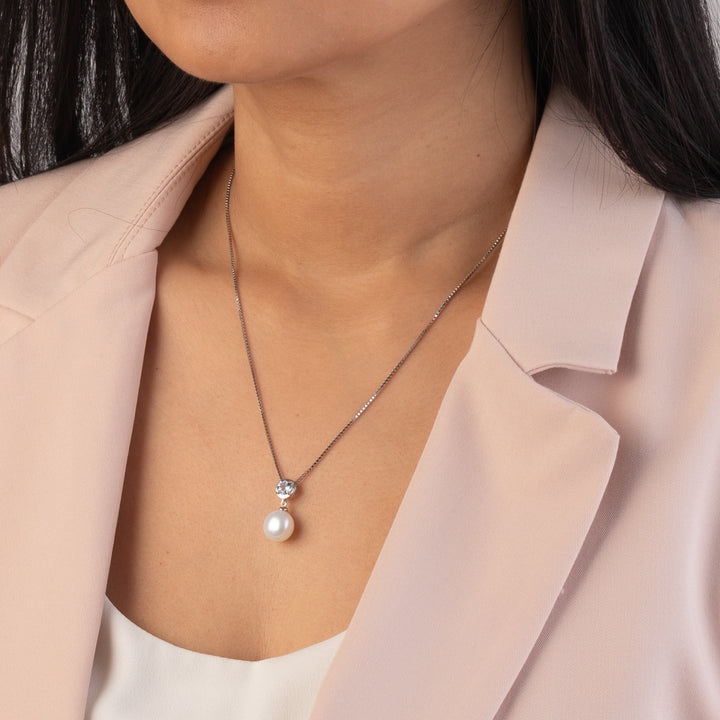 Freshwater Cultured 10mm White Pearl and Aquamarine Pendant