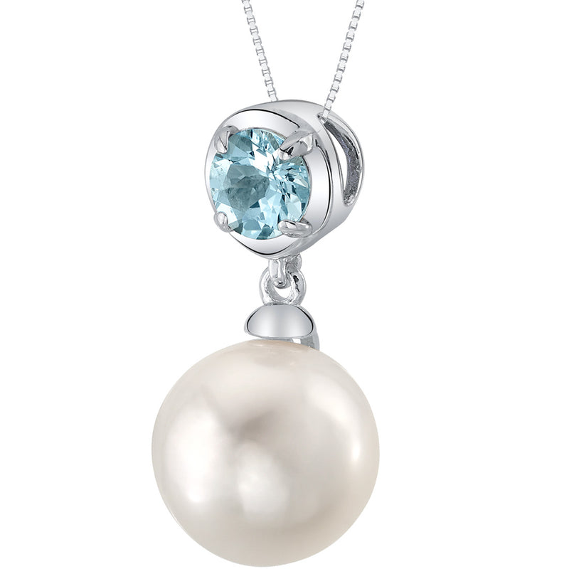 10mm Freshwater Cultured Pearl & Aquamarine Necklace in Sterling Silver