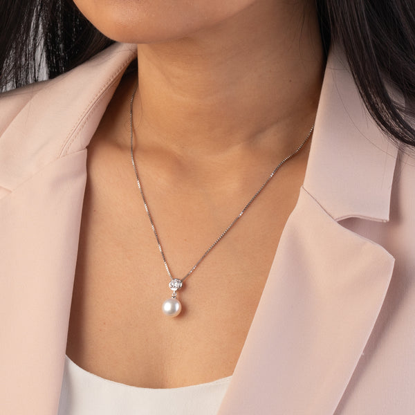Simple Freshwater Cultured Pearl Birthstone Necklace in Sterling Silver - April Cubic Zirconia model