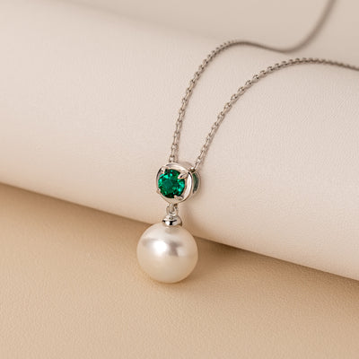 10mm Freshwater Cultured Pearl & Created Emerald Necklace in Sterling Silver-creative
