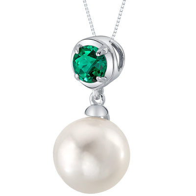 10mm Freshwater Cultured Pearl & Created Emerald Necklace in Sterling Silver