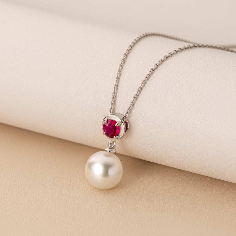 10mm Freshwater Cultured Pearl & Created Ruby Necklace in Sterling Silver-creative