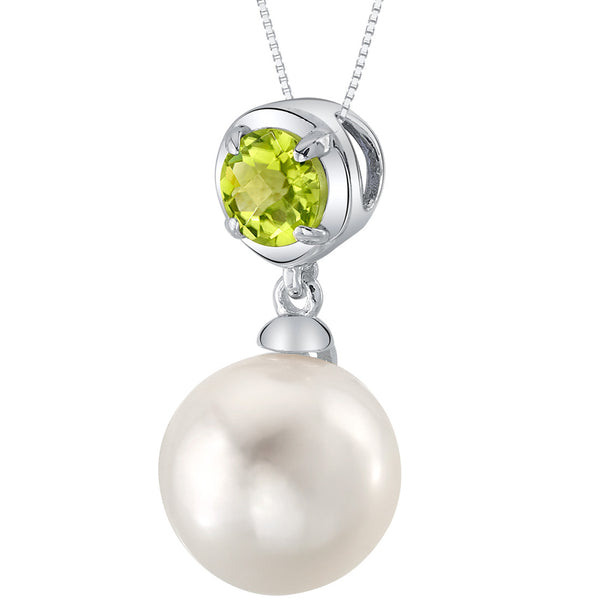 Freshwater Cultured 10mm White Pearl and Peridot Pendant Necklace