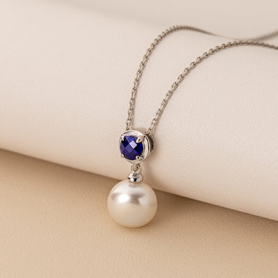 10mm Freshwater Cultured Pearl & Created Blue Sapphire Necklace in Sterling Silver-creative