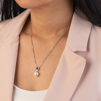 Simple Freshwater Cultured Pearl Birthstone Necklace in Sterling Silver - September Sapphire model