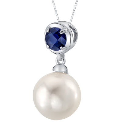 10mm Freshwater Cultured Pearl & Created Blue Sapphire Necklace in Sterling Silver