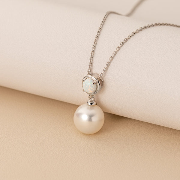 10mm Freshwater Cultured Pearl & Created Opal Necklace in Sterling Silver-creative