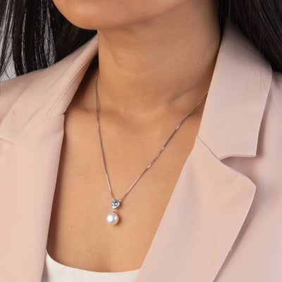 Simple Freshwater Cultured Pearl Birthstone Necklace in Sterling Silver - December Topaz model