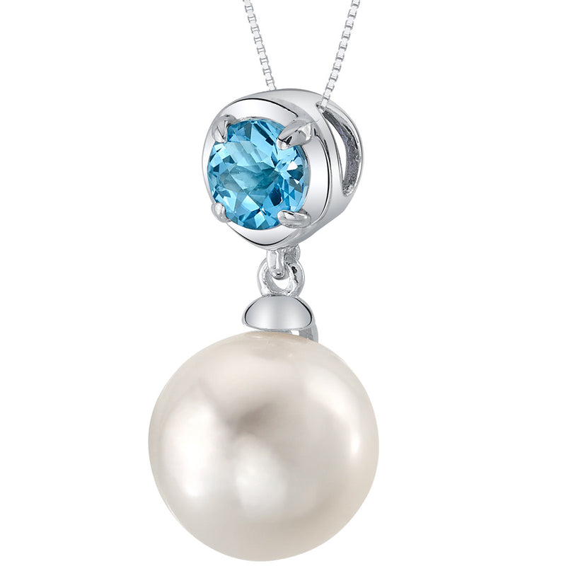 10mm Freshwater Cultured Pearl & Swiss Blue Topaz Necklace in Sterling Silver