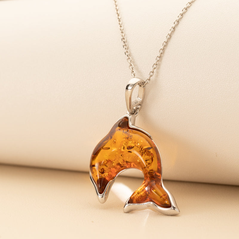 Genuine Baltic Amber Dolphin Pendant Necklace in Sterling Silver creative
