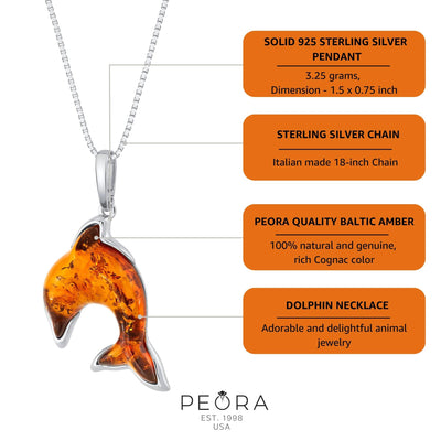 Genuine Baltic Amber Dolphin Pendant Necklace in Sterling Silver info