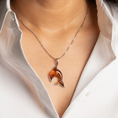 Genuine Baltic Amber Dolphin Pendant Necklace in Sterling Silver-model