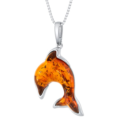 Genuine Baltic Amber Dolphin Pendant Necklace in Sterling Silver