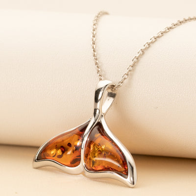 Genuine Baltic Amber Whale Tail Pendant Necklace in Sterling Silver creative