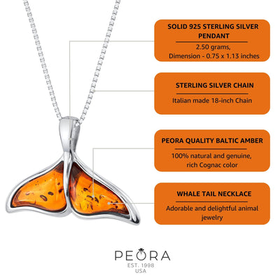 Genuine Baltic Amber Whale Tail Pendant Necklace in Sterling Silver info