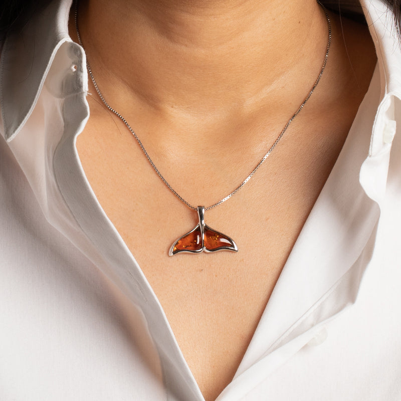 Genuine Baltic Amber Whale Tail Pendant Necklace in Sterling Silver model