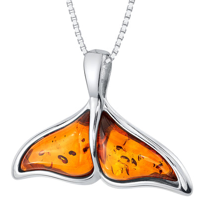 Genuine Baltic Amber Whale Tail Pendant Necklace in Sterling Silver