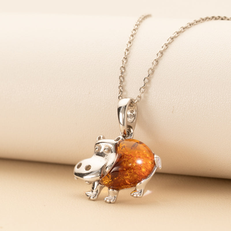 Genuine Baltic Amber Hippo Animal Pendant Necklace in Sterling Silver creative