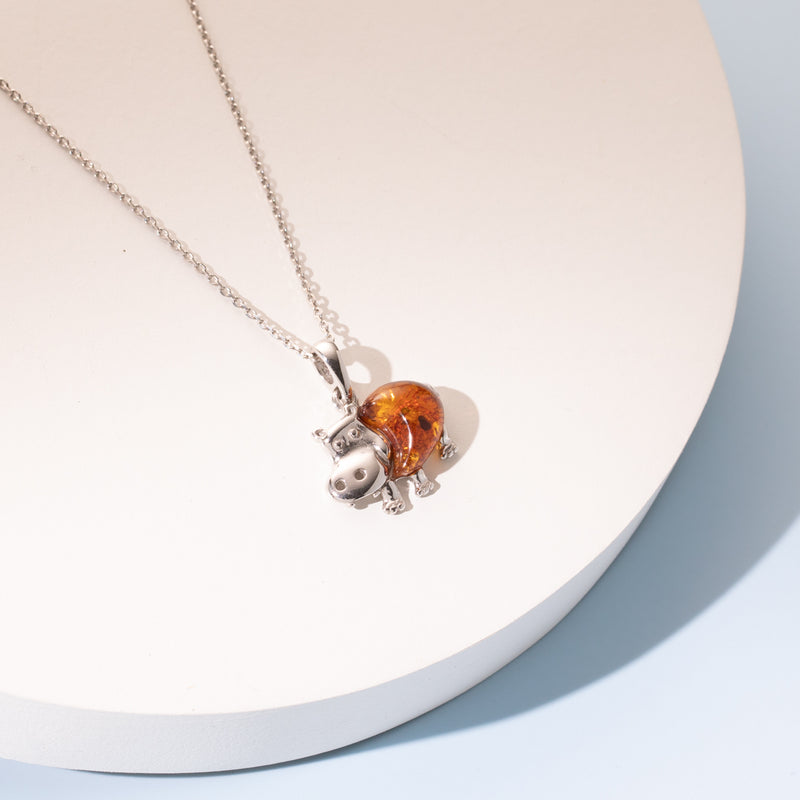 Genuine Baltic Amber Hippo Animal Pendant Necklace in Sterling Silver creative 2