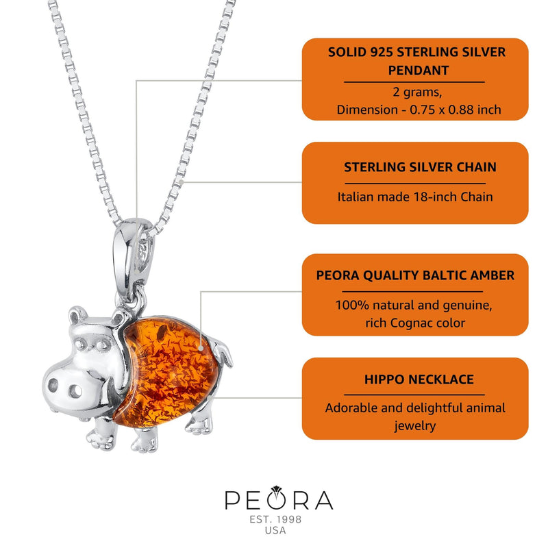 Genuine Baltic Amber Hippo Animal Pendant Necklace in Sterling Silver info