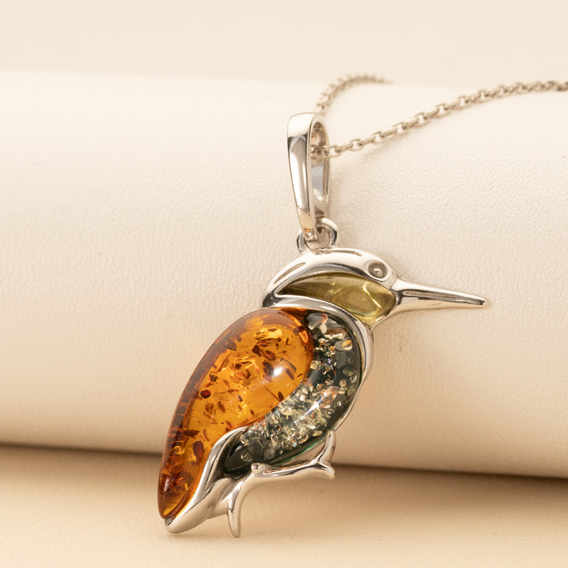Genuine Baltic Amber Large Hummingbird Pendant Necklace in Sterling Silver creative