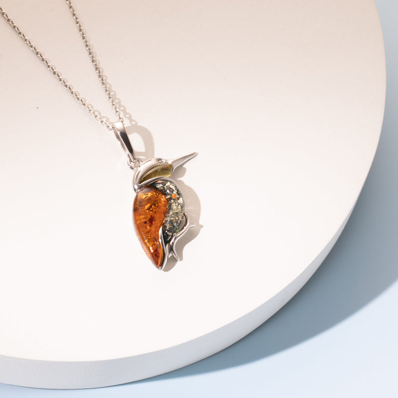 Genuine Baltic Amber Large Hummingbird Pendant Necklace in Sterling Silver creative 2
