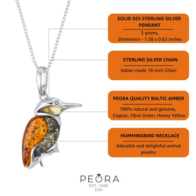 Genuine Baltic Amber Large Hummingbird Pendant Necklace in Sterling Silver info