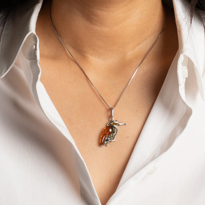 Genuine Baltic Amber Large Hummingbird Pendant Necklace in Sterling Silver model