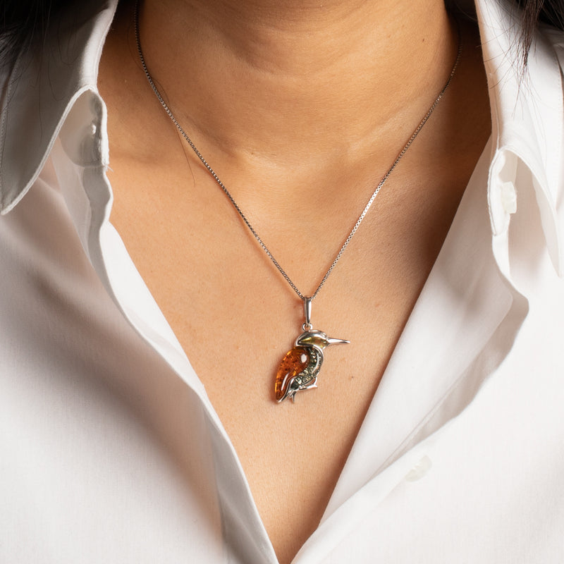 Genuine Baltic Amber Large Hummingbird Pendant Necklace in Sterling Silver model