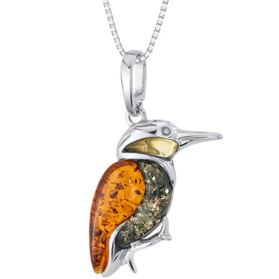 Genuine Baltic Amber Large Hummingbird Pendant Necklace in Sterling Silver