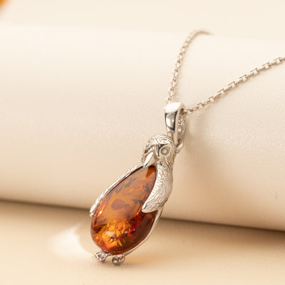 Genuine Baltic Amber Penguin Pendant Necklace in Sterling Silver creative