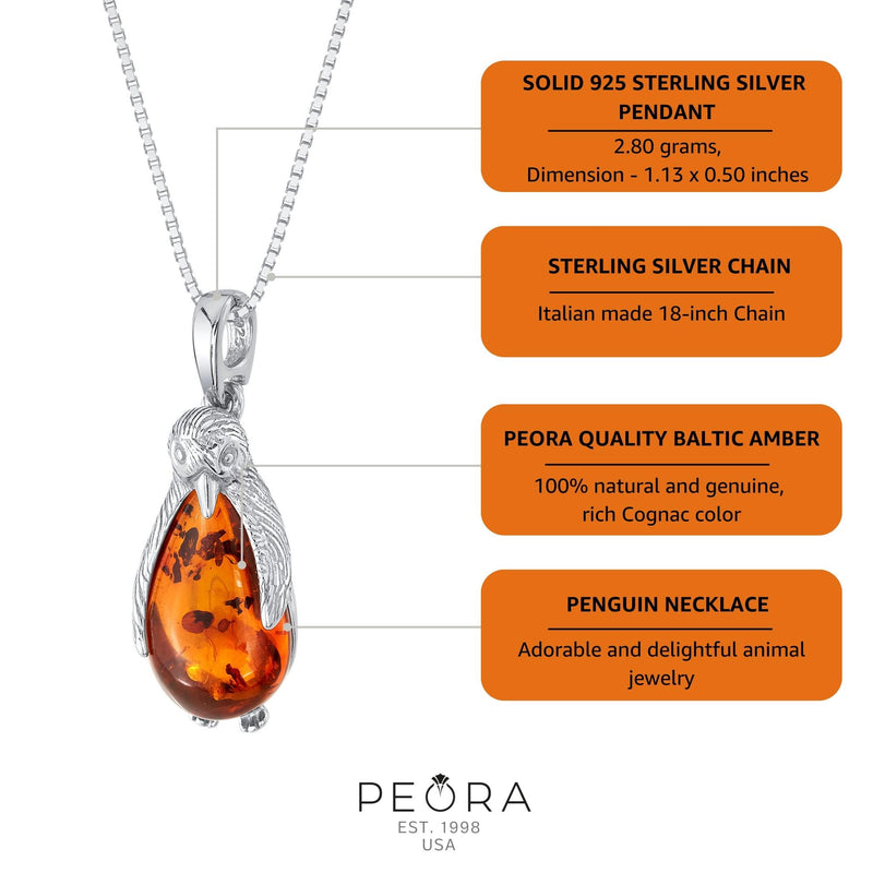 Genuine Baltic Amber Penguin Pendant Necklace in Sterling Silver info