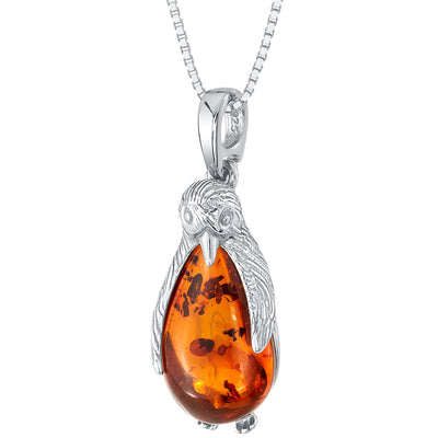 Genuine Baltic Amber Penguin Pendant Necklace in Sterling Silver