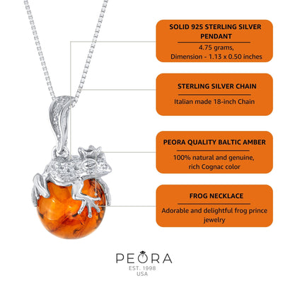 Genuine Baltic Amber Frog Prince Pendant Necklace in Sterling Silver info