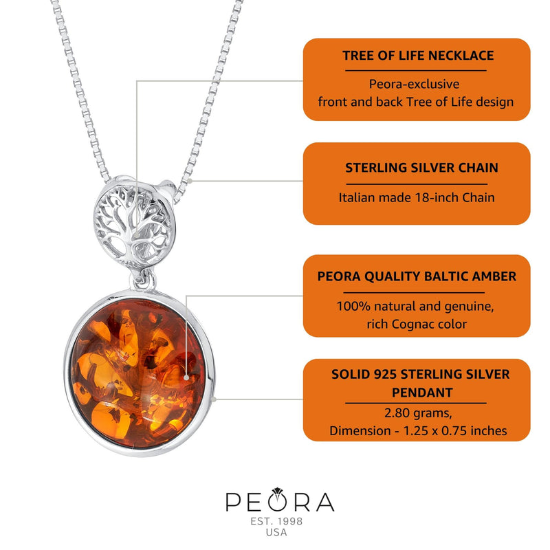 Genuine Baltic Amber Double-sided Tree of Life Pendant Necklace in Sterling Silver info