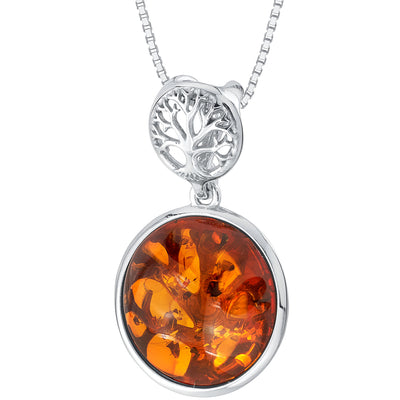 Genuine Baltic Amber Double-sided Tree of Life Pendant Necklace in Sterling Silver